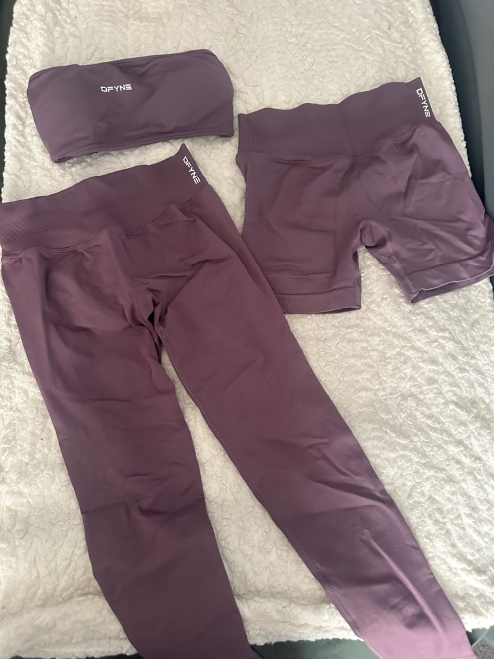 DFYNE Impact Bandeau, Bike Shorts, & Leggings Set in Small, Shade: Grape - Picture 2 of 15
